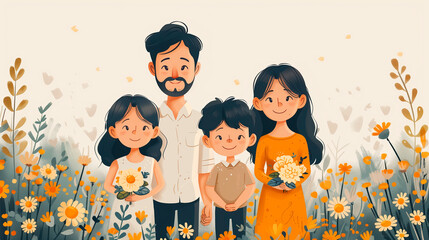 Embrace the beauty of diversity with this heartwarming linear flat vector illustration portraying a loving couple standing alongside their Asian children.