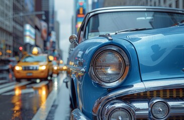 Shiny blue vintage car with chrome details stands out on a rainy city street with taxi cabs and urban vibe
