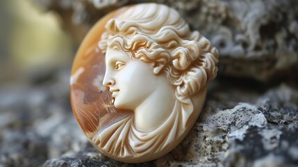 An antique cameo features the delicate profile of a lady's face, intricately carved into the surface of the stone or shell. 