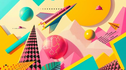 Flying objects in a retro-inspired Memphis style composition   AI generated illustration