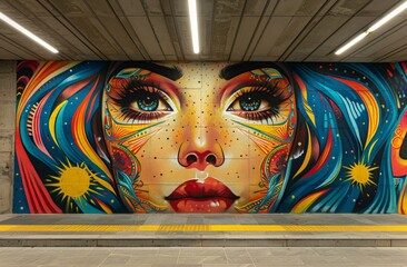 A vibrant and intricate street art mural decorating a city underpass wall, adding cultural value and urban beauty