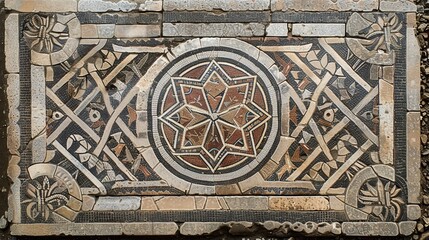 Fototapeta na wymiar Horizontal ancient Byzantine natural stone tile mosaics, framed with geometric patterns, create a stunning visual display. 