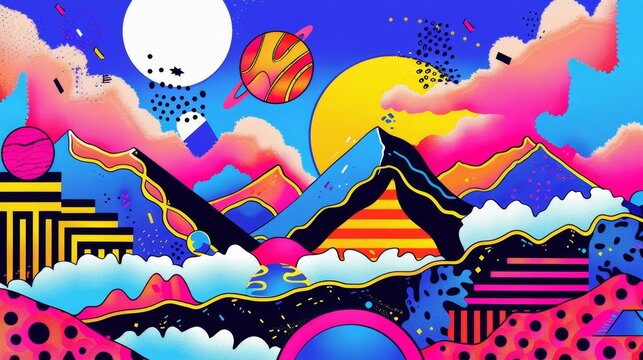 Flying objects in a psychedelic Memphis style patterned sky  AI generated illustration
