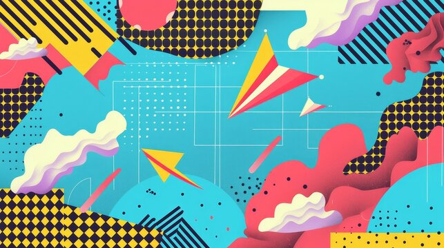 Flying objects in a retro-inspired Memphis style patterned sky   AI generated illustration