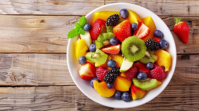 A hearty bowl of fresh fruit salad featuring a variety of colorful fruits, presented on a rustic wooden background