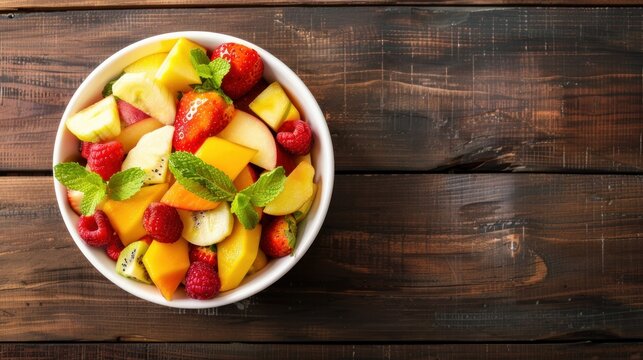 A hearty bowl of fresh fruit salad featuring a variety of colorful fruits, presented on a rustic wooden background