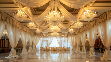 A grand ballroom with crystal chandeliers and elegant drapery.