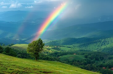 Obraz premium A beautiful landscape capturing a brilliant rainbow stretching over a rolling green valley under a stormy sky, creating a serene scene