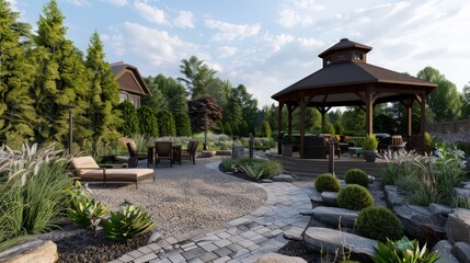 A picturesque cottage-style sitting area in a green garden, with wooden furniture and shaded by leafy trees, providing a tranquil retreat.