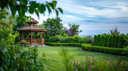 A delightful cottage-style sitting spot in a green garden, complete with comfortable chairs and a table, inviting relaxation in the midst of nature's beauty.