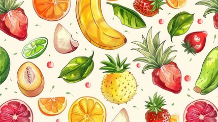 A playful and colorful vector sketch featuring a seamless pattern of mixed tropical fruits, perfect for summer-themed designs