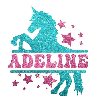 Adeline - pink glitter - name written in a frame with light blue glitter Unicorn and stars - vector graphic - for cards, baby shower, prints, cricut, silhouette, sublimation