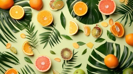 Closeup view of freshly cut and whole ripe oranges, beautifully contrasted against a background of vibrant green leaves