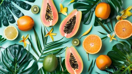 Closeup view of freshly cut and whole ripe oranges, beautifully contrasted against a background of vibrant green leaves - obrazy, fototapety, plakaty