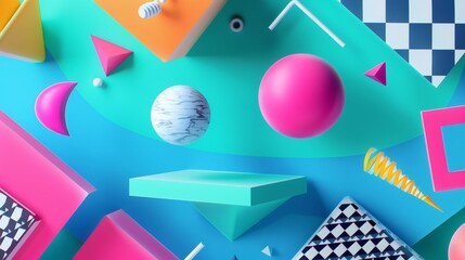 Isolated floating objects in a vibrant and abstract Memphis style design   AI generated illustration