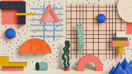 Isolated floating objects in a whimsical Memphis style background  AI generated illustration