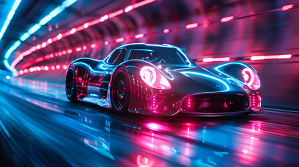 High Speed Car Travelling in Tunnel With Blue an,
Aerodynamic sports car races through neonlit urban streets at night
