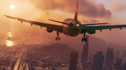 Airplane flying over the city at sunset. Travel and transport concept.