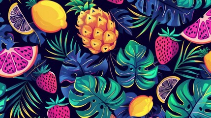 A whimsical and fashionable tropical wallpaper featuring a seamless pattern of fruits, blending style with fun.

 - obrazy, fototapety, plakaty