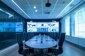 minimalist photo showcasing a sleek conference room setup with digital screens displaying real-time data and interactive presentations, photo