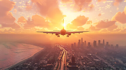 Airplane flying over the city at sunset. 3D rendering.