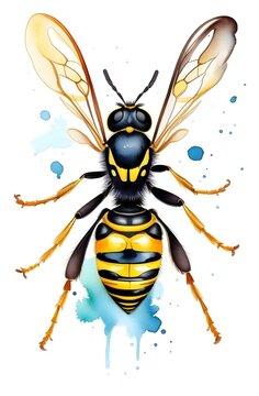 Yellow wasp watercolor illustration. Children's picture for learning, wasps, bees.