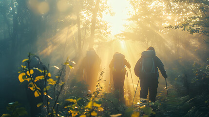 A group of hikers navigating through a dense misty forest with light filtering through the canopy illustrating the mystery and allure of untouched wilderness.