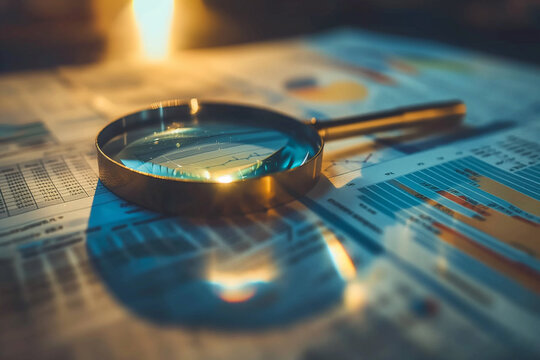 captivating shot of a magnifying glass delicately positioned over documents adorned with intricate analytics data, with selective focus highlighting key details on the table, photo