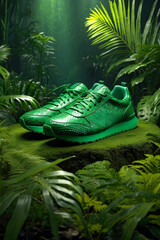 Wonderfull pair of green sneakers, ecological trademark, on the side are displayed in front of a green plant of jungle and black background
