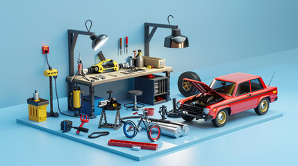 3D rendering of a garage workshop with tools and equipment on the table - obrazy, fototapety, plakaty