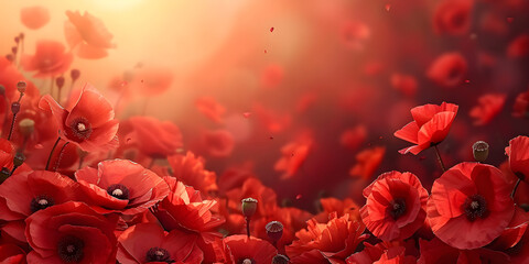 An image of a remembrance day and anzac day celebrating card with poppy flowers wreath on a solemn memorial background, suitable for web and banner use. - obrazy, fototapety, plakaty