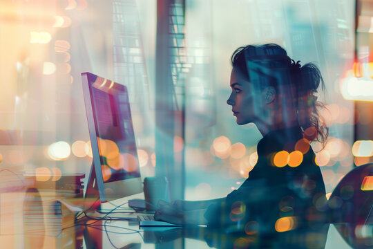 abstract shot of the determination and leadership of a business woman as she plans and strategizes on her computer, with sleek furnishings and soft lighting adding to the sophistic