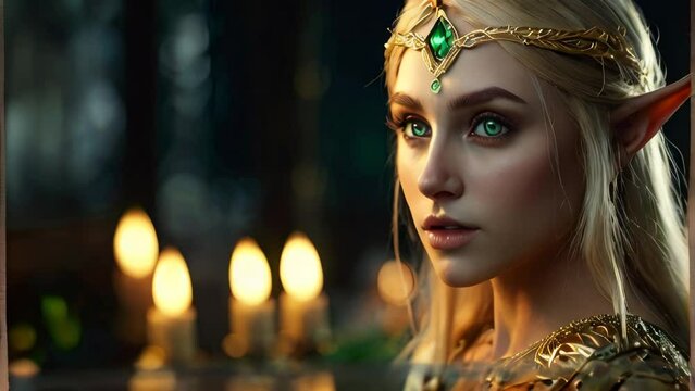 Elf Blond Woman Portrait. Imaginary Fairy Tale legendary Character Avatar. Magic Myth World Person. Cute Face with Big Green Eyes. Gold Lace Jewelry