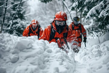 The emergency team is working on the snow. The team digging in the snow.