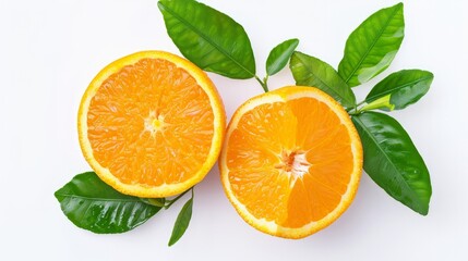 An orange with a fresh cut and green leaves, beautifully isolated on a white background.

