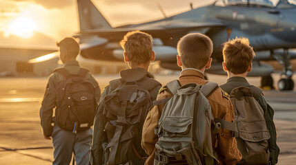 A group of scouts visiting a military airfield getting an up-close look at fighter jets and pilot gear.