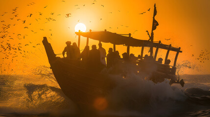 A group of travelers setting sail at sunrise on a traditional dhow boat embarking on a sea voyage to explore distant islands and cultures encapsulating the spirit of nautical adventure.
