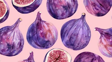 A seamless pattern featuring purple fig fruits on a pink background, designed for artistic and creative uses