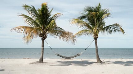 A hammock strung between two palm trees on a deserted beach.