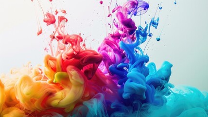 dynamic explosion of colorful ink splashes against a white background, showcasing a vivid and abstract interplay of fluid colors ranging from red to blue, evoking creativity and motion - obrazy, fototapety, plakaty
