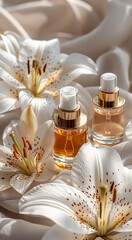 Obraz na płótnie Canvas perfume bottle with white lily flowers on fabric, closeup. Mock up.