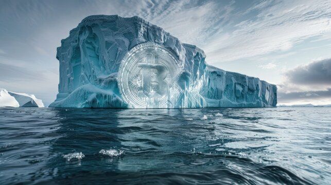Iceberg financial concept, futuristic image of an iceberg with imagine of bitcoin on it