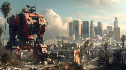 Apocalyptic LA: The Reign of Robots. Concept Sci-fi, Robots, Post-Apocalyptic, Los Angeles, Dystopian - obrazy, fototapety, plakaty