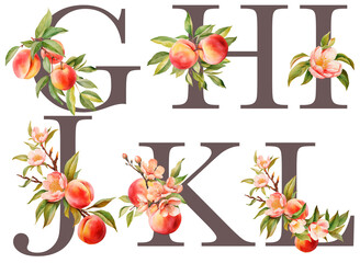 Set of floral letters G-L with blooming peach tree branches and fruits, isolated illustration on white background, for wedding monogram, greeting cards, logo