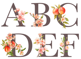 Set of floral letters A-F with blooming peach tree branches and fruits, isolated illustration on white background, for wedding monogram, greeting cards, logo