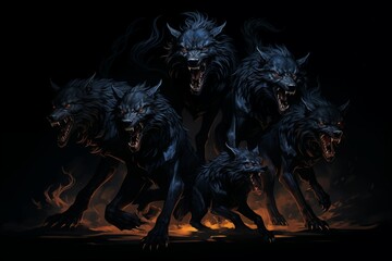 Illustration of a Pack of Fenris Wolfes on a Black Background