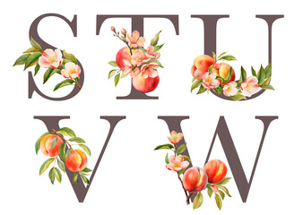 Set of floral letters S-W with blooming peach tree branches and fruits, isolated illustration on white background, for wedding monogram, greeting cards, logo
