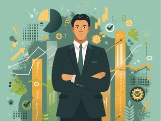 business man standing confident on digital marketing graphics background