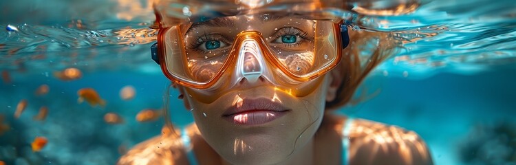 beautiful woman snorkeling underwater on a vacation in the sea