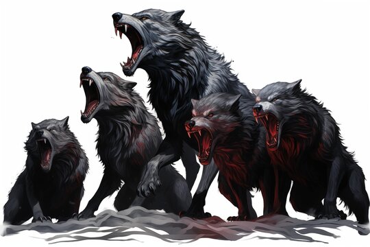 Illustration of a Howling Pack of Fenris Wolfes on a White Background